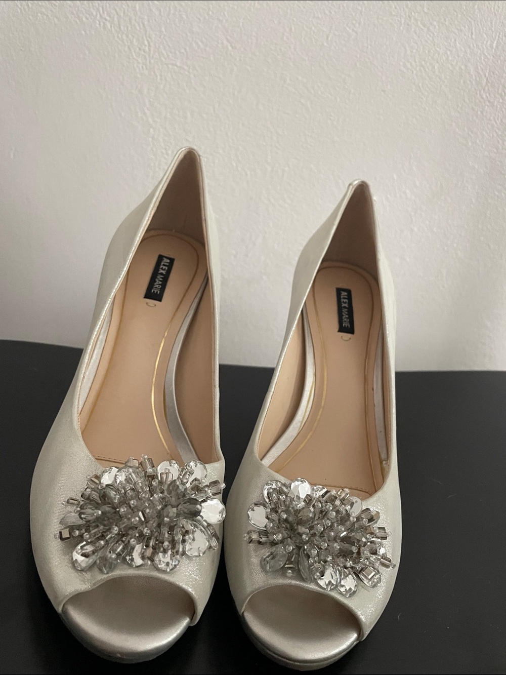 Alex Marie Silver Peep-Toe Pumps with Crystal Brooch